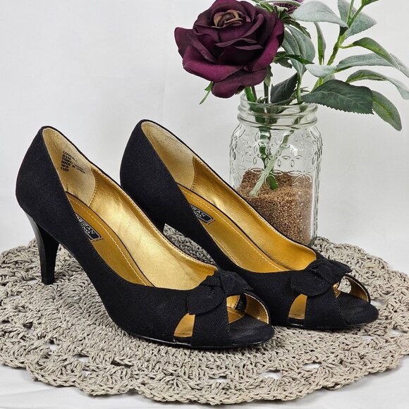 OpenToe Black Gold Sophisticated Elegant ModernChic Classy Pump 3" Heel Shoe 8.5 - Picture 2 of 15